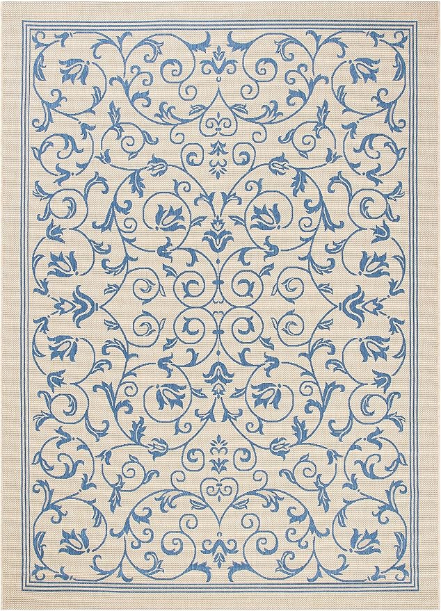 SAFAVIEH Washable Rug Outdoor Courtyard Collection - 6'7" x 9'6", Natural & Blue, Non-Shedding & Easy Cleaning, Ideal for Patio, Backyard, Mudroom (CY2098-3101)