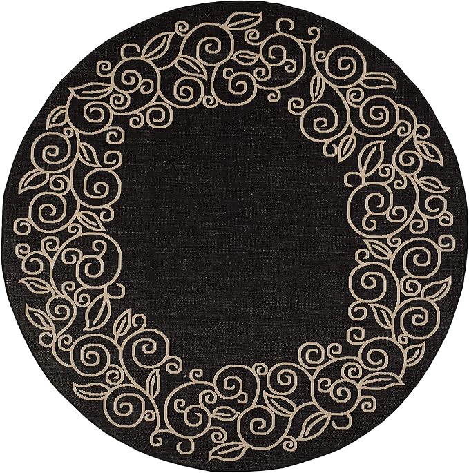 SAFAVIEH Washable Rug Outdoor Courtyard Collection - 6'7" Round, Black & Beige, Non-Shedding & Easy Cleaning, Ideal for Patio, Backyard, Mudroom (CY5139D)