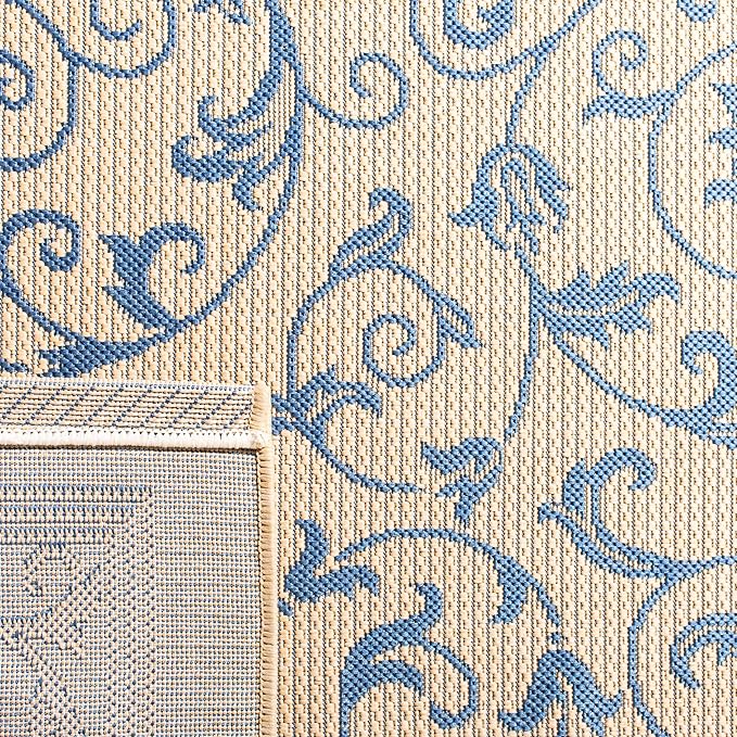 SAFAVIEH Washable Rug Outdoor Courtyard Collection - 6'7" Square, Natural & Blue, Non-Shedding & Easy Cleaning, Ideal for Patio, Backyard, Mudroom (CY2098-3101)