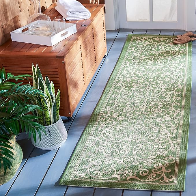 SAFAVIEH Washable Rug Outdoor Courtyard Collection - 2'3" x 10' Runner, Olive & Natural, Non-Shedding & Easy Cleaning, Ideal for Patio, Entryway, Mudroom, Hallway, Kitchen (CY2098-1E06)