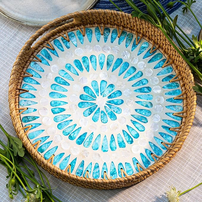 JUNGLE CULTURE Large Rattan Serving Tray 14" with Mother of Pearl Inlay • Coastal Boho Collection • Handcrafted Serving Tray with Handles • Round Woven Table Trays for Home • Wicker Basket – Ripple