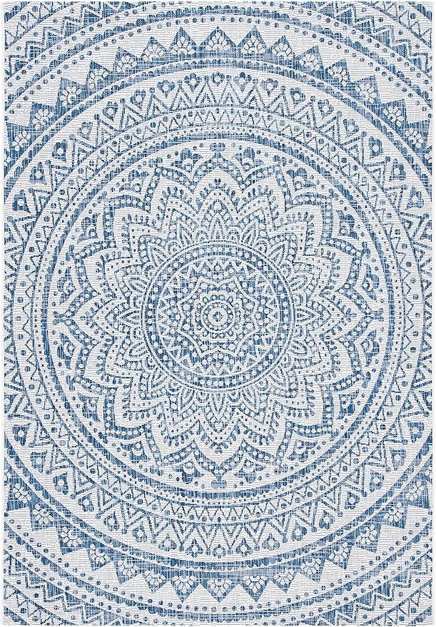 SAFAVIEH Courtyard Collection 4' x 5'7" Ivory/Navy CY8734 Indoor/ Outdoor Waterproof Easy Cleaning Patio Backyard Mudroom Area Rug