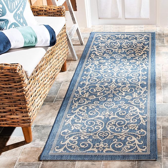SAFAVIEH Washable Rug Outdoor Courtyard Collection - 2'3" x 14' Runner, Blue & Natural, Non-Shedding & Easy Cleaning, Ideal for Patio, Entryway, Mudroom, Hallway, Kitchen (CY2098-3103)