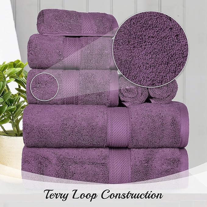 BNM Egyptian Cotton Heavyweight Towels, Ideal For Bathroom, Shower, Spa, Hotel, 800 GSM, Face/ Washcloths, Hand Towels, Bath Towels, Highly-Absorbent, Luxury Home Basics, 9 Piece Towel Set, Plum