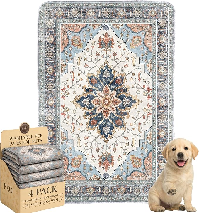 4PACK Washable Pee Pads for Dogs,Great Urine Absorbent Reusable Puppy Training Pads,Waterproof,Leak-Proof & Non-Slip Potty Pads for Whelping,Crate,Playpen,Bed.(Blue Floral,24"x36")