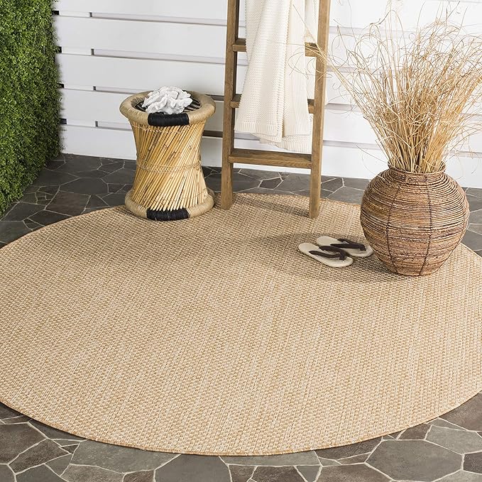 SAFAVIEH Washable Rug Outdoor Courtyard Collection - 4' Round, Natural & Cream, Non-Shedding & Easy Cleaning, Ideal for Patio, Backyard, Mudroom (CY8521-03012)