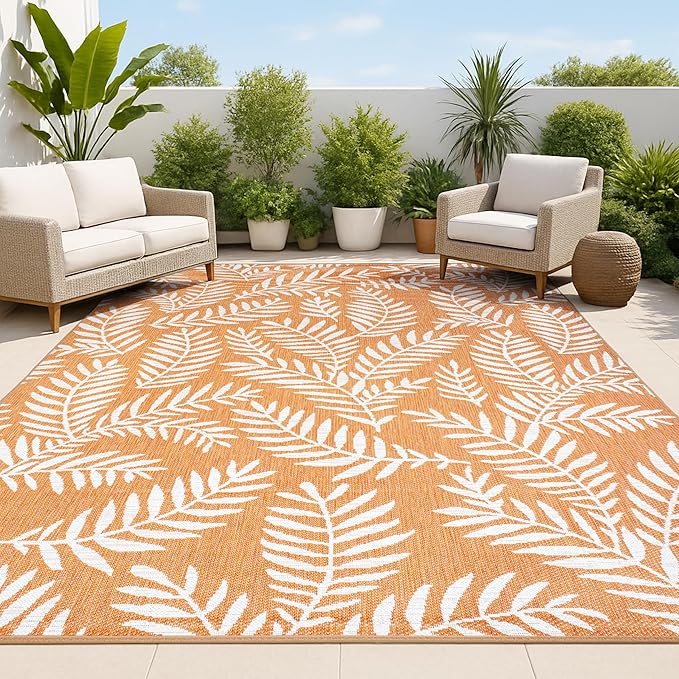 JONATHAN Y Palm Frond Indoor Outdoor Area Rug 9X12 Orange/Cream, Nevis for Backyard, Patio, Porch, Easy-Cleaning, High Traffic, Pet-Friendly, Non-Shedding (SMB119E-9)