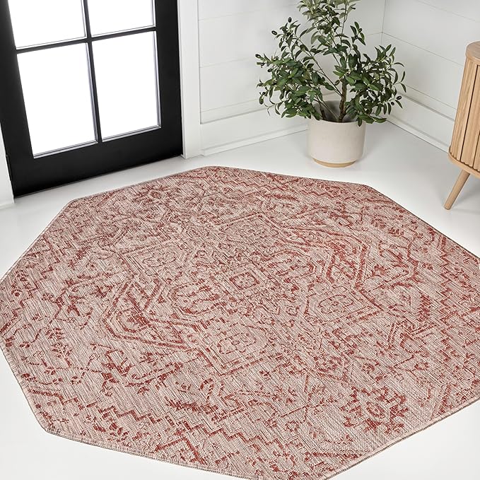 JONATHAN Y Boho Medallion Indoor Outdoor Octagon Area Rug 8 Ft Red/Taupe, Estrella Textured Weave for Backyard, Patio, Porch, Easy-Cleaning, High Traffic, Pet-Friendly, Non-Shedding (SMB105A-8TGN)