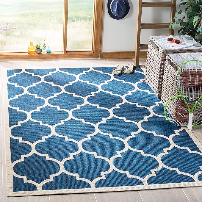 SAFAVIEH Washable Rug Outdoor Courtyard Collection - 2'7" x 5', Navy & Beige, Non-Shedding & Easy Cleaning, Ideal for Patio, Backyard, Mudroom (CY6914-268)