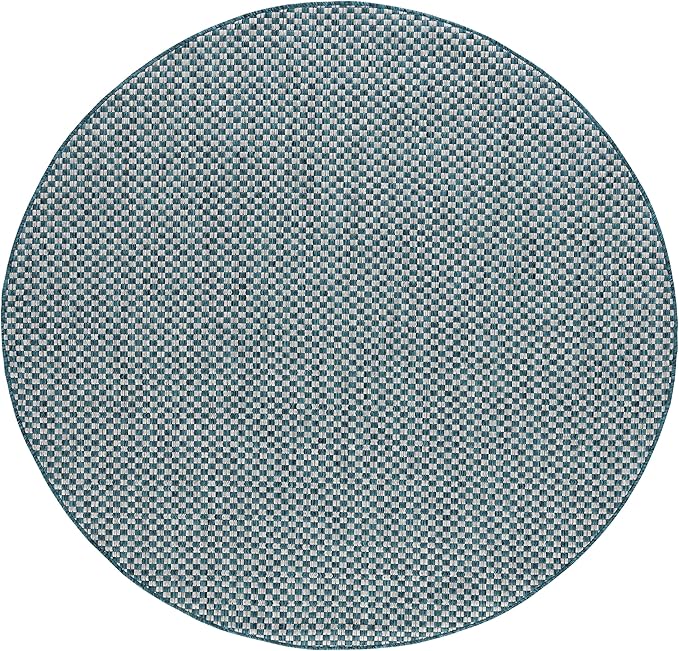 SAFAVIEH Washable Rug Outdoor Courtyard Collection - 7'10" Round, Turquoise & Light Grey, Non-Shedding & Easy Cleaning, Ideal for Patio, Backyard, Mudroom (CY8653-37221)