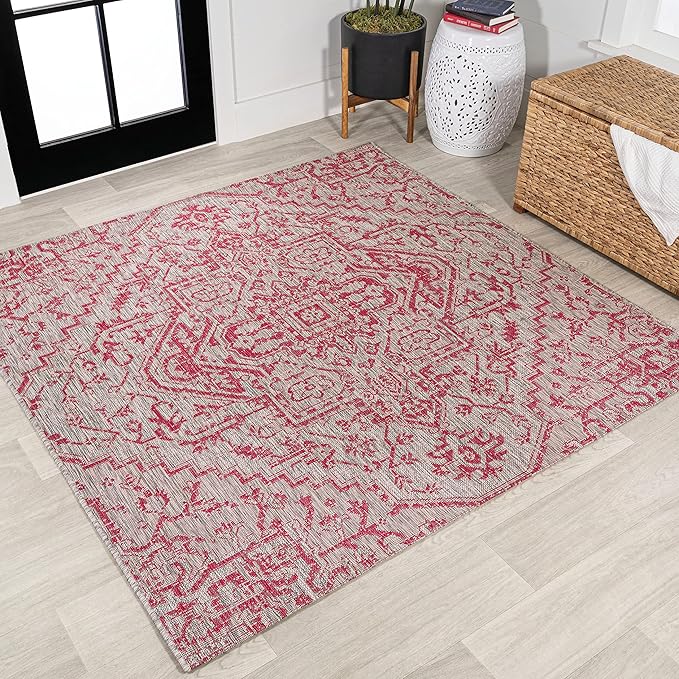 JONATHAN Y Boho Medallion Indoor Outdoor Square Area Rug 5X5 Light Gray/Fuchsia, Estrella Textured Weave for Backyard, Patio, Porch, Easy-Cleaning, High Traffic, Pet-Friendly Non-Shedding SMB105F-5SQ