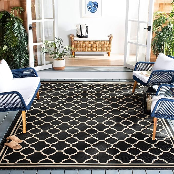 SAFAVIEH Washable Rug Outdoor Courtyard Collection - 7'10" Square, Black & Beige, Non-Shedding & Easy Cleaning, Ideal for Patio, Backyard, Mudroom (CY6918-226)