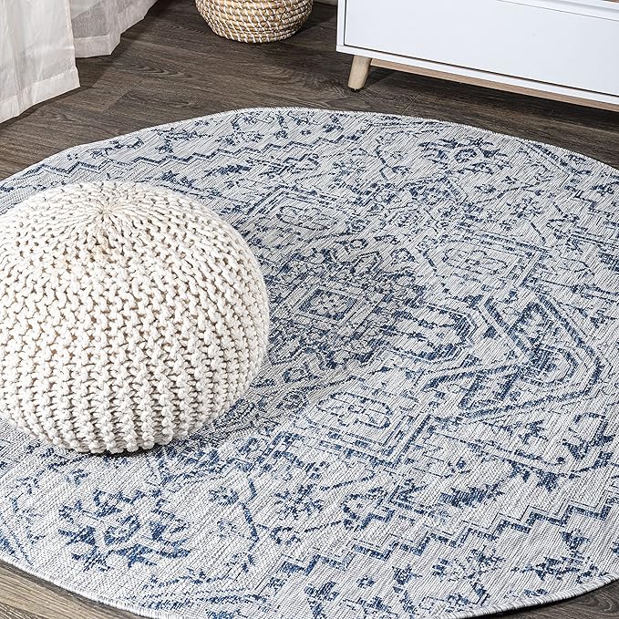 JONATHAN Y Boho Medallion Indoor Outdoor Round Area Rug 3 Ft Navy/Gray, Estrella Textured Weave for Backyard, Patio, Porch, Easy-Cleaning, High Traffic, Pet-Friendly, Non-Shedding (SMB105B-3R)