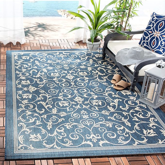 SAFAVIEH Washable Rug Outdoor Courtyard Collection - 2'7" x 5', Navy & Beige, Non-Shedding & Easy Cleaning, Ideal for Patio, Backyard, Mudroom (CY2098-268)