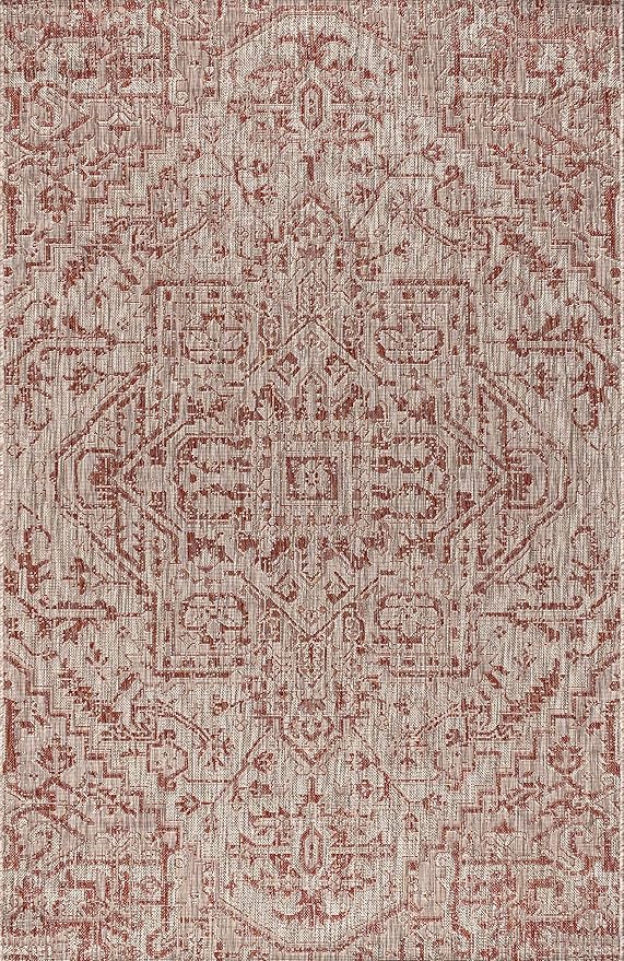JONATHAN Y Boho Medallion Indoor Outdoor Area Rug 5X8 Red/Taupe, Estrella Textured Weave for Backyard, Patio, Porch, Easy-Cleaning, High Traffic, Pet-Friendly, Non-Shedding (SMB105A-5)