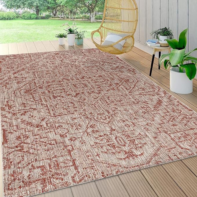 JONATHAN Y Boho Medallion Indoor Outdoor Area Rug 9X12 Red/Taupe, Estrella Textured Weave for Backyard, Patio, Porch, Easy-Cleaning, High Traffic, Pet-Friendly, Non-Shedding (SMB105A-9)
