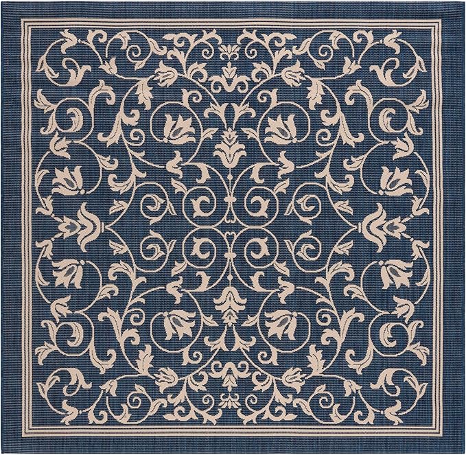 SAFAVIEH Washable Rug Outdoor Courtyard Collection - 6'7" Square, Navy & Beige, Non-Shedding & Easy Cleaning, Ideal for Patio, Backyard, Mudroom (CY2098-268)