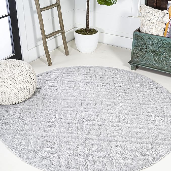 JONATHAN Y Diamond Trellis Indoor Outdoor Round Area Rug 5 Ft Light Gray, Portmany Neutral for Backyard, Patio, Porch, Easy-Cleaning, High Traffic, Pet-Friendly, Non-Shedding (IBZ104C-5R)