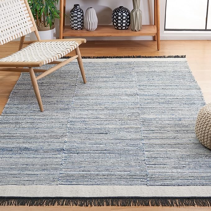 SAFAVIEH Area Rug 8x10 - Kilim Collection - Large - Blue & Ivory, Handmade Flat Weave Wool & Jute, Boho Fringe Design, Ideal for Living Room, Bedroom, Office, Dining Space (KLM310L)