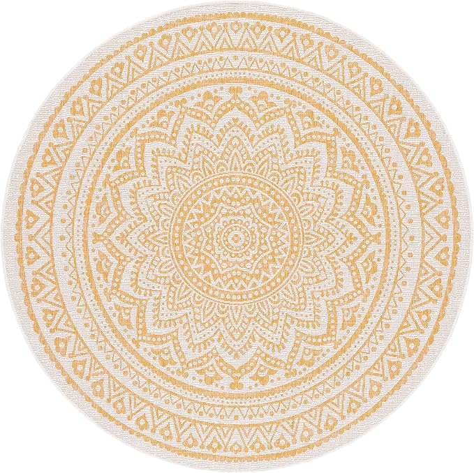 SAFAVIEH Courtyard Collection 6'7" Round Ivory/Gold CY8734 Indoor/Outdoor Non-Shedding Easy Cleaning Patio Backyard Porch Deck Mudroom Area Rug