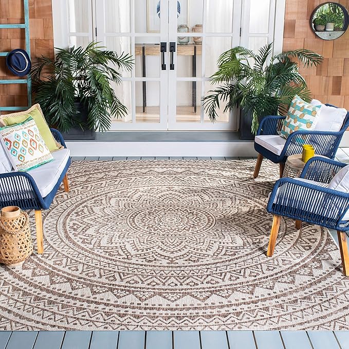 SAFAVIEH Washable Rug Outdoor Courtyard Collection - 9' x 12', Light Beige & Light Brown, Non-Shedding & Easy Cleaning, Ideal for Patio, Backyard, Mudroom (CY8734-36312)