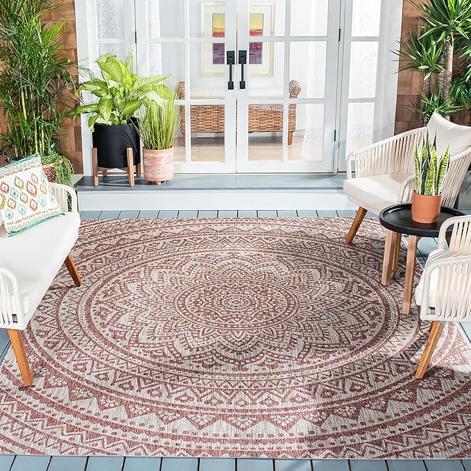SAFAVIEH Washable Rug Outdoor Courtyard Collection - 9' x 12', Light Beige & Terracotta, Non-Shedding & Easy Cleaning, Ideal for Patio, Backyard, Mudroom (CY8734-36512)
