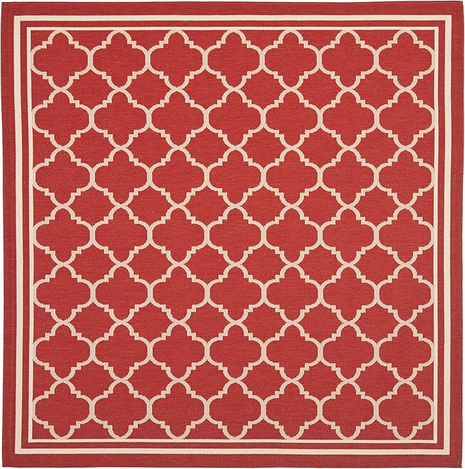 SAFAVIEH Washable Rug Outdoor Courtyard Collection - 7'10" Square, Red & Bone, Non-Shedding & Easy Cleaning, Ideal for Patio, Backyard, Mudroom (CY6918-248)