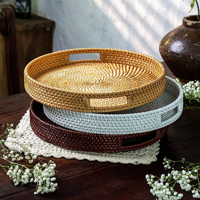 JUNGLE CULTURE Rattan Serving Tray 12" in Whitewash • Woven Serving Trays with Handles for Home • Round Decorative Dining Table Tray • Boho Wicker Serving Basket for Ottoman, Coffee Table, Couch