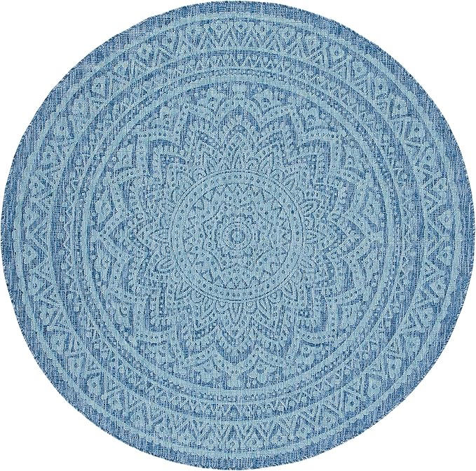 SAFAVIEH Washable Rug Outdoor Courtyard Collection - 6'7" Round, Navy & Aqua Blue, Non-Shedding & Easy Cleaning, Ideal for Patio, Backyard, Mudroom (CY8734-39421)