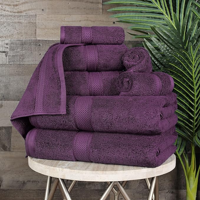 BLUENILEMILLS Madison Egyptian Cotton Towels, Towel Set for Bathroom, Shower, Hotel, Plush, 900 GSM, Highly Absorbent and Ultra-Soft Towels, Bath Essentials, 8 Piece Assorted Towel Set, Plum