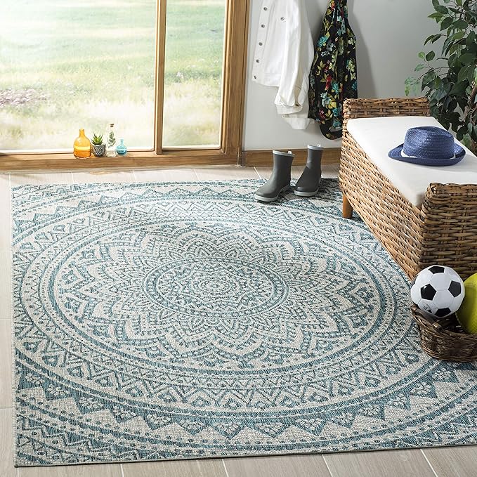 SAFAVIEH Washable Rug Outdoor Courtyard Collection - 2'7" x 5', Light Grey & Teal, Non-Shedding & Easy Cleaning, Ideal for Patio, Backyard, Mudroom (CY8734-37212)