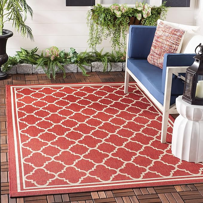 SAFAVIEH Washable Rug Outdoor Courtyard Collection - 4' Square, Red & Bone, Non-Shedding & Easy Cleaning, Ideal for Patio, Backyard, Mudroom (CY6918-248)