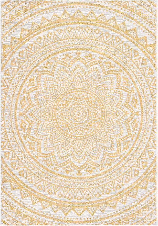 SAFAVIEH Washable Rug Outdoor Courtyard Collection - 5'3" x 7'7", Ivory & Gold, Non-Shedding & Easy Cleaning, Ideal for Patio, Backyard, Mudroom (CY8734-56012)