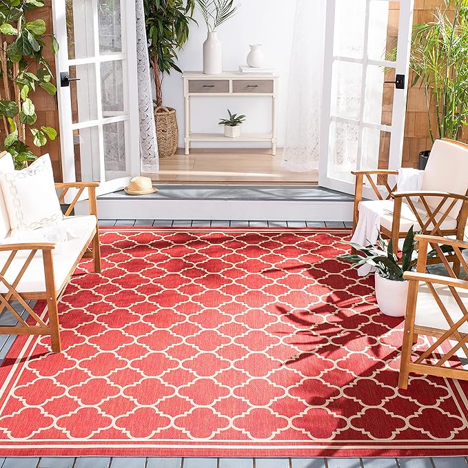 SAFAVIEH Washable Rug Outdoor Courtyard Collection - 7'10" Square, Red & Bone, Non-Shedding & Easy Cleaning, Ideal for Patio, Backyard, Mudroom (CY6918-248)