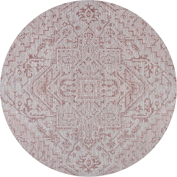 JONATHAN Y Boho Medallion Indoor Outdoor Round Area Rug 4 Ft Red/Taupe, Estrella Textured Weave for Backyard, Patio, Porch, Easy-Cleaning, High Traffic, Pet-Friendly, Non-Shedding (SMB105A-4R)