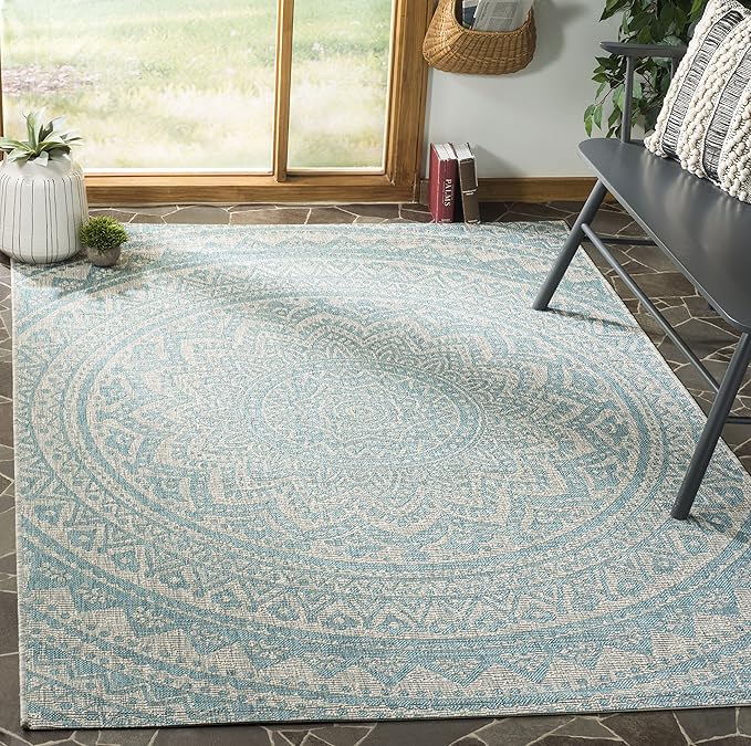 SAFAVIEH Washable Rug Outdoor Courtyard Collection - 2'7" x 5', Light Grey & Teal, Non-Shedding & Easy Cleaning, Ideal for Patio, Backyard, Mudroom (CY8734-37212)