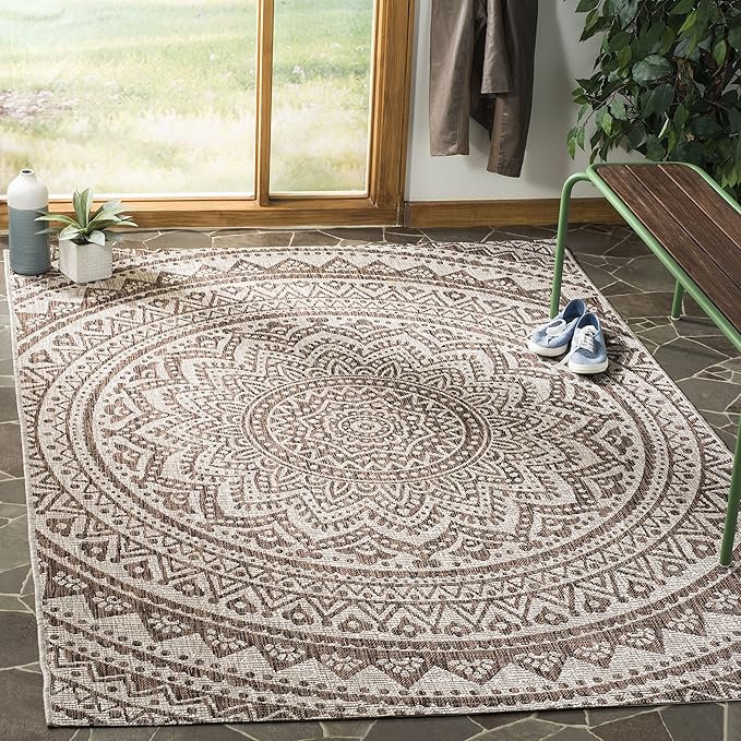 SAFAVIEH Washable Rug Outdoor Courtyard Collection - 2'7" x 5', Light Beige & Light Brown, Non-Shedding & Easy Cleaning, Ideal for Patio, Backyard, Mudroom (CY8734-36312)