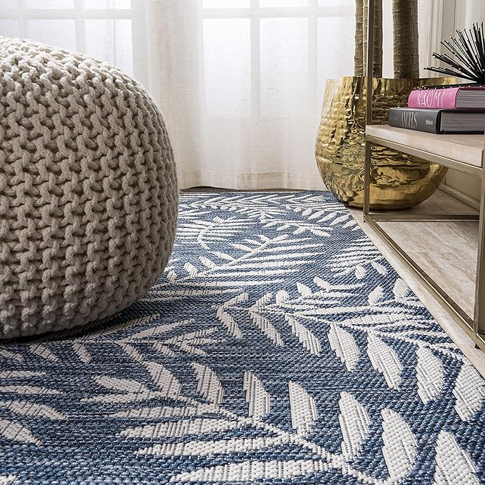 JONATHAN Y Palm Frond Indoor Outdoor Square Area Rug 5X5 Navy/Ivory, Nevis for Backyard, Patio, Porch, Easy-Cleaning, High Traffic, Pet-Friendly, Non-Shedding (SMB119B-5SQ)