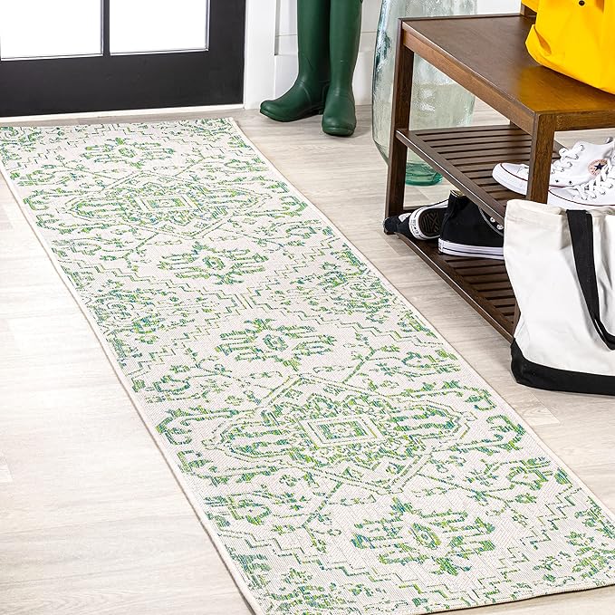 JONATHAN Y Boho Medallion Indoor Outdoor Runner Rug 2X8 Green/Cream, Estrella Textured Weave for Backyard, Patio, Porch, Easy-Cleaning, High Traffic, Pet-Friendly, Non-Shedding (SMB105G-28)