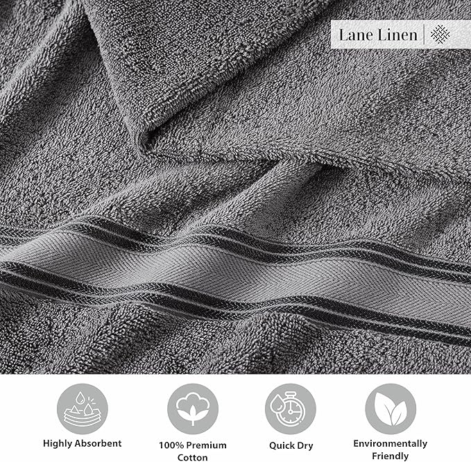 LANE LINEN Towel Set of 12 – 100% Ring-Spun Cotton, Zero Twist, 4 Large Bath Towel, 4 Hand Towels & 4 Wash Cloths, Quick Dry & Long-Lasting, Perfect for Family Bathrooms, Easy Care – Cool Grey