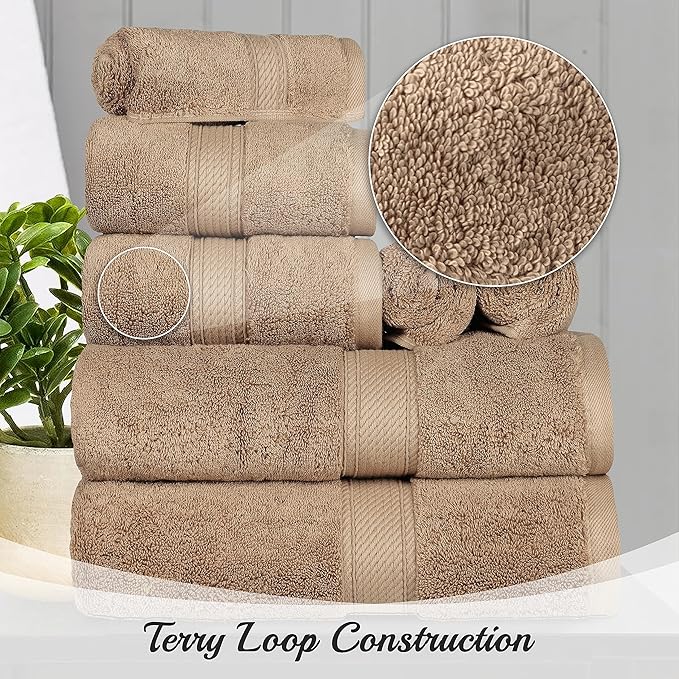 BNM Egyptian Cotton Heavyweight Towels, Ideal For Bathroom, Shower, Spa, Hotel, 800 GSM, Face/ Washcloths, Hand Towels, Bath Towels, Highly-Absorbent, Luxury Basics, 9 Piece Towel Set, Latte Brown