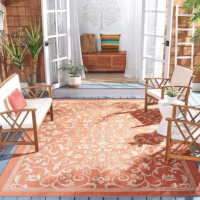 SAFAVIEH Washable Rug Outdoor Courtyard Collection - 6'7" Square, Terracotta & Natural, Non-Shedding & Easy Cleaning, Ideal for Patio, Backyard, Mudroom (CY2098-3202)