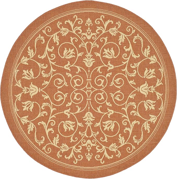 SAFAVIEH Washable Rug Outdoor Courtyard Collection - 6'7" Round, Terracotta & Natural, Non-Shedding & Easy Cleaning, Ideal for Patio, Backyard, Mudroom (CY2098-3202)