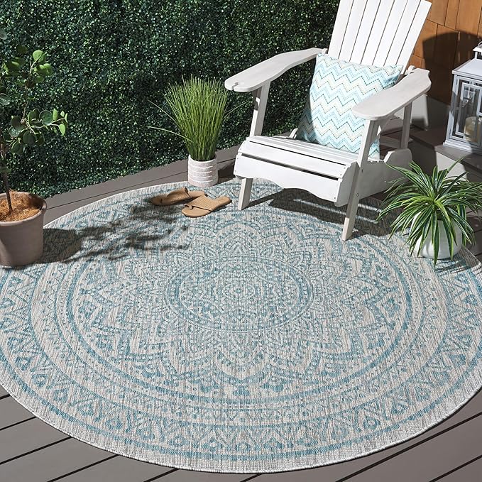 SAFAVIEH Courtyard Collection 9' Round Light Grey / Aqua CY8734 Indoor/ Outdoor Waterproof Easy Cleaning Patio Backyard Mudroom Area Rug