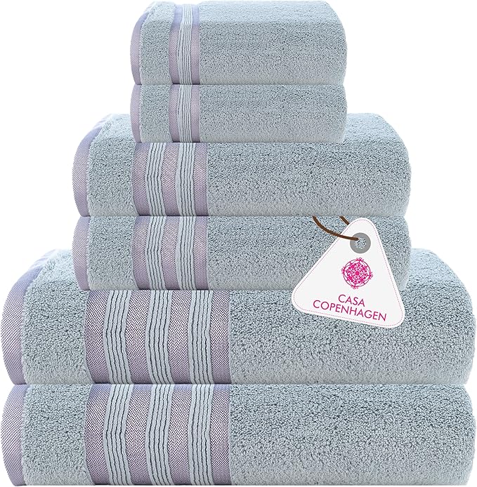 CASA COPENHAGEN Zero Twist, 6 Pieces Set 100% Cotton 0" Twist Towel Set- Grey Violet, 600 GSM, 2 Bath, 2 Hand, 2 Washcloths Made from Egyptian Cotton, Ultra Soft Luxury Towels for Bathroom