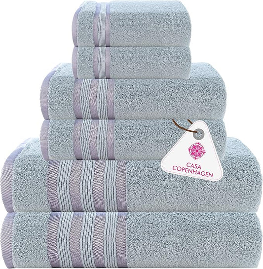 CASA COPENHAGEN Zero Twist, 6 Pieces Set 100% Cotton 0" Twist Towel Set- Grey Violet, 600 GSM, 2 Bath, 2 Hand, 2 Washcloths Made from Egyptian Cotton, Ultra Soft Luxury Towels for Bathroom