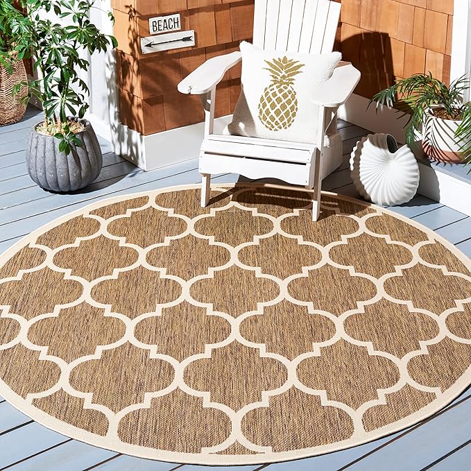 SAFAVIEH Courtyard Collection 4' Round Brown/Bone CY6914 Trellis Indoor-Outdoor Waterproof Easy-Cleaning Patio Backyard Mudroom Area-Rug