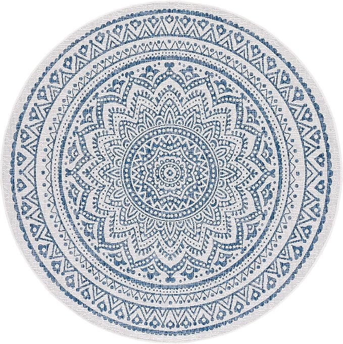 SAFAVIEH Washable Rug Outdoor Courtyard Collection - 6'7" Round, Ivory & Navy, Non-Shedding & Easy Cleaning, Ideal for Patio, Backyard, Mudroom (CY8734-53412)