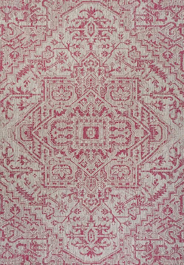 JONATHAN Y Boho Medallion Indoor Outdoor Area Rug 5X8 Light Gray/Fuchsia, Estrella Textured Weave for Backyard, Patio, Porch, Easy-Cleaning, High Traffic, Pet-Friendly, Non-Shedding (SMB105F-5)