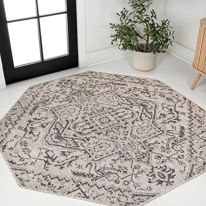 JONATHAN Y Boho Medallion Indoor Outdoor Octagon Area Rug 8 Ft Black/Gray, Estrella Textured Weave for Backyard, Patio, Porch, Easy-Cleaning, High Traffic, Pet-Friendly, Non-Shedding (SMB105D-8TGN)